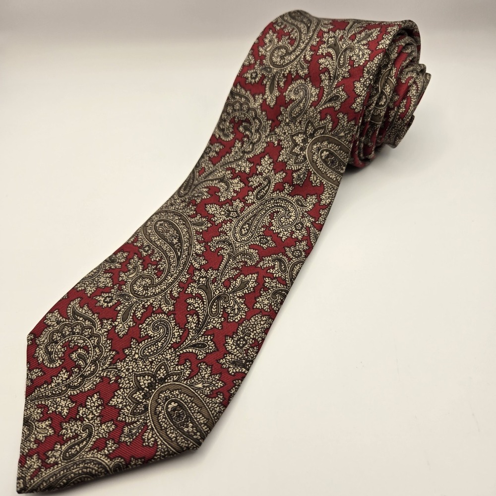 Vintage Oscar de la Renta Couture Tie Men's Imported Silk Red Brown Paisley